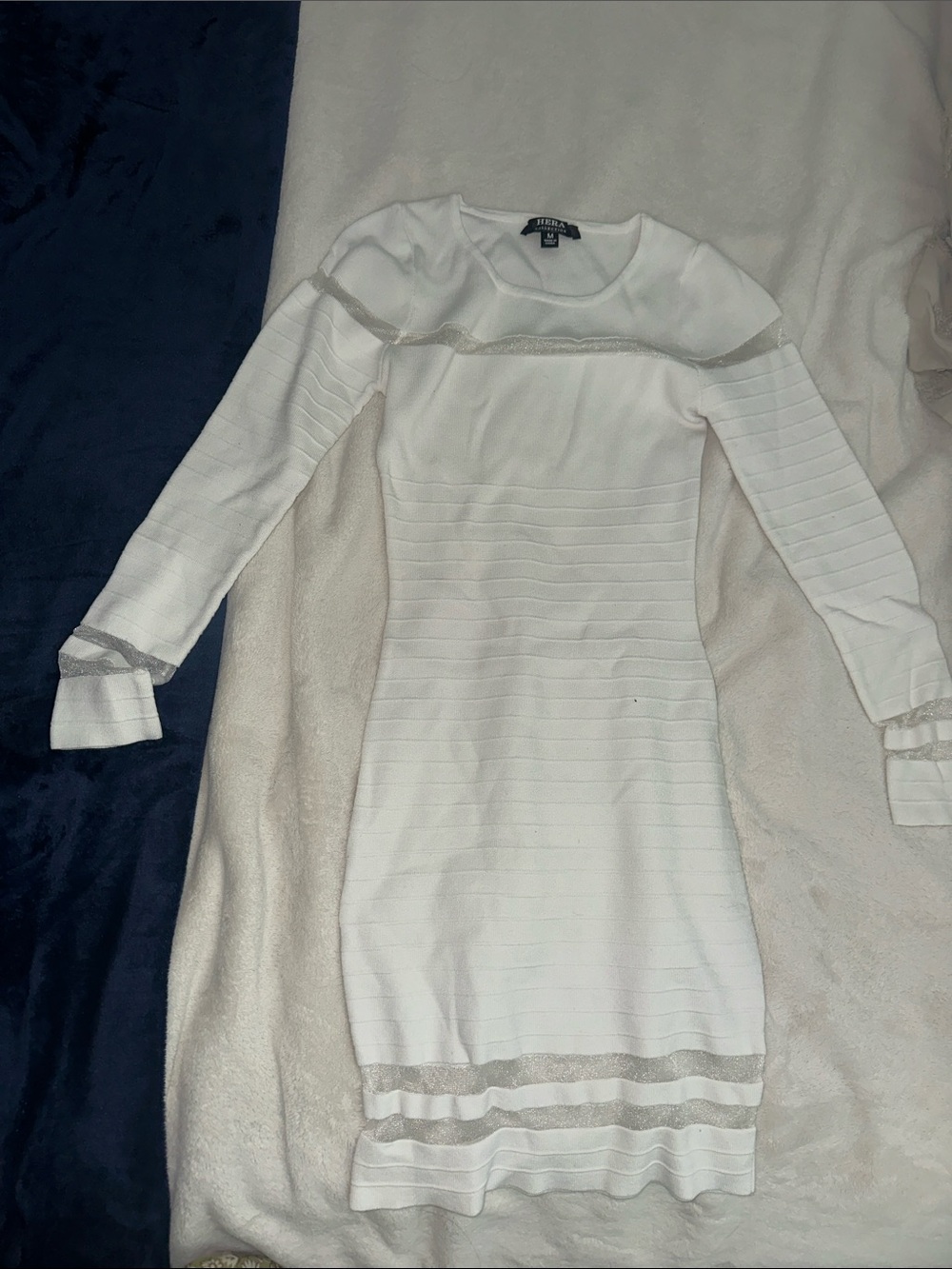 Alice + Olivia White Long-Sleeve Ribbed Knit Dress with Metallic Trim
